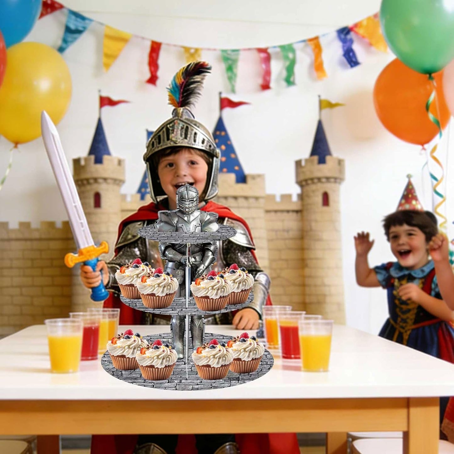 Soporte cupcakes castillo medieval 3 niveles decoración fiesta
