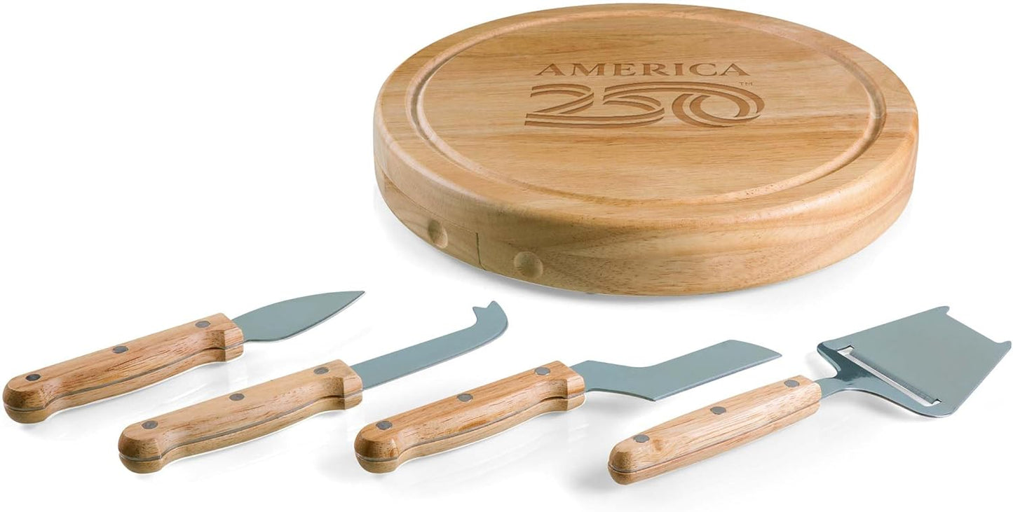 Juego tabla quesos y cuchillos madera diseño circo