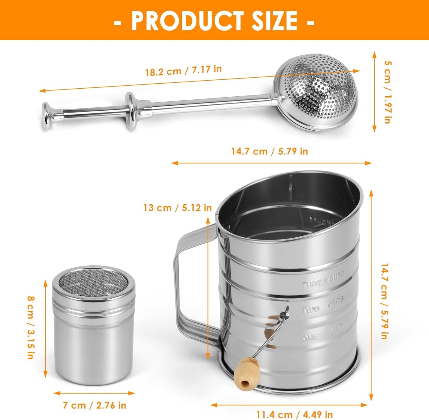 Tamiz de harina 3 en 1 acero inoxidable 3 tazas malla fina con agitador