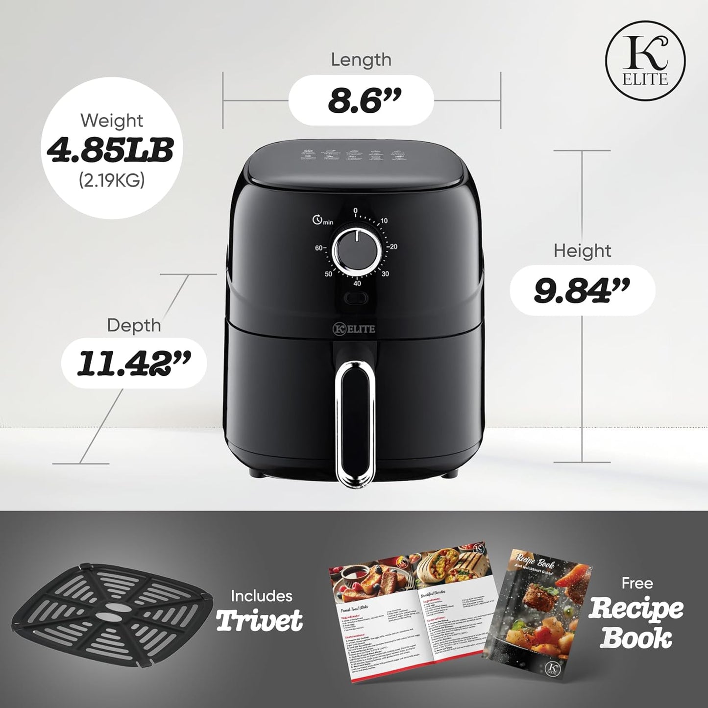 Freidora de aire mecánica Kitchen Elite de 2.5 cuartos de galón con control de temperatura y temporizador
