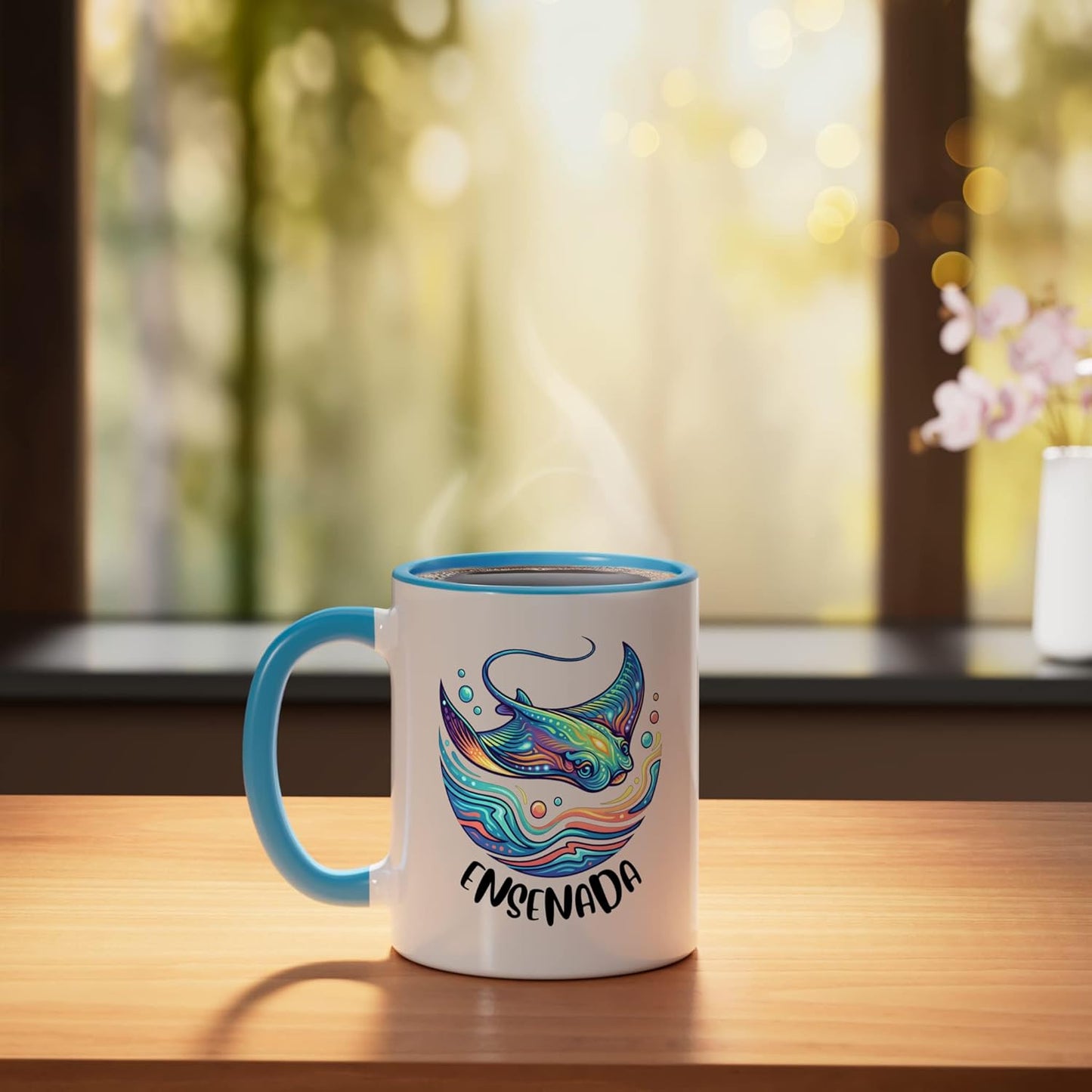 Taza cerámica Ensenada México azul/blanco