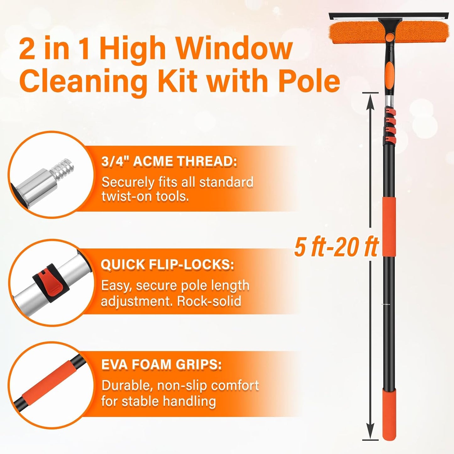 Kit limpieza ventanas 26ft escobilla 14pulg 2en1 poste extensión