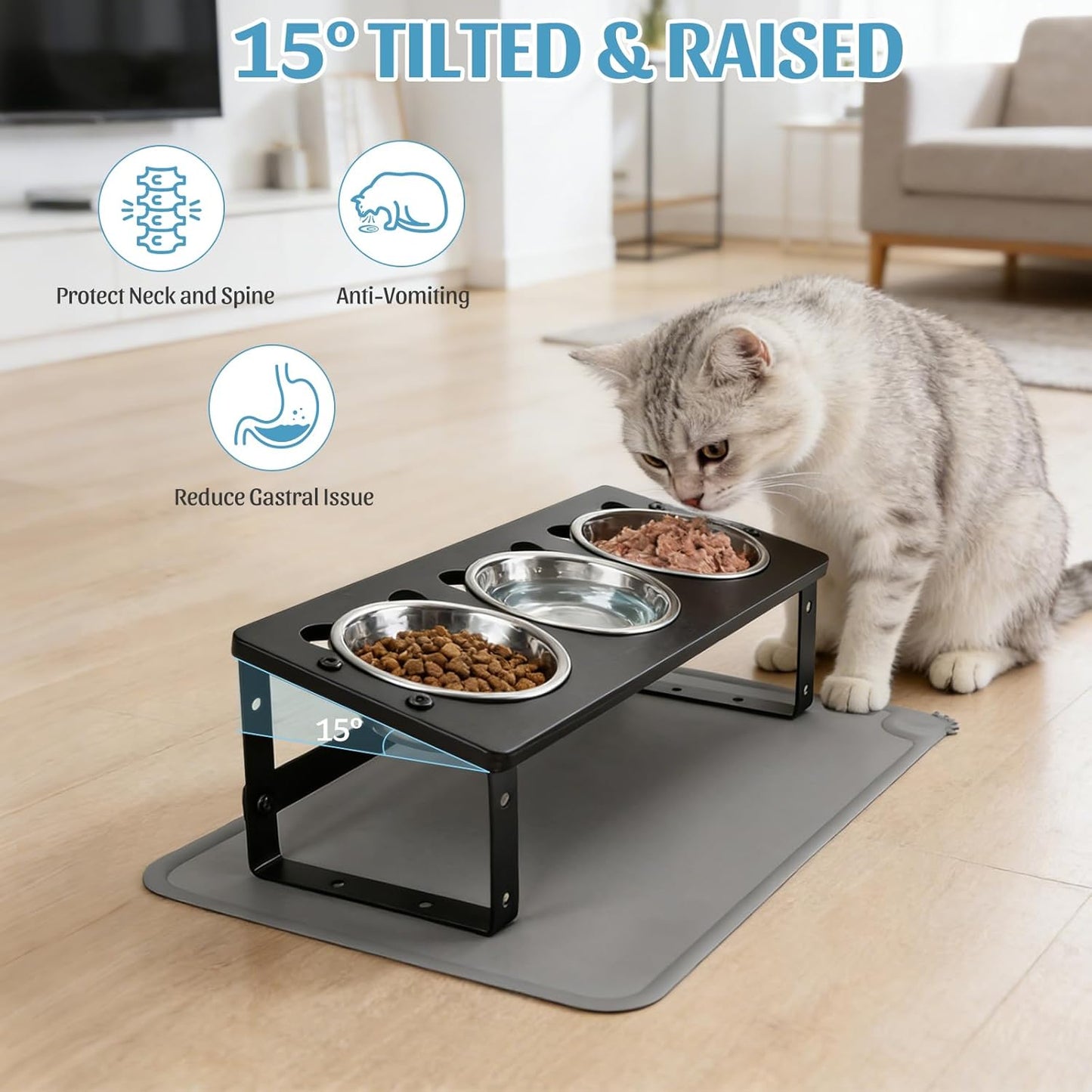 Cuencos elevados para gatos acero inox 3 pzas antivómitos