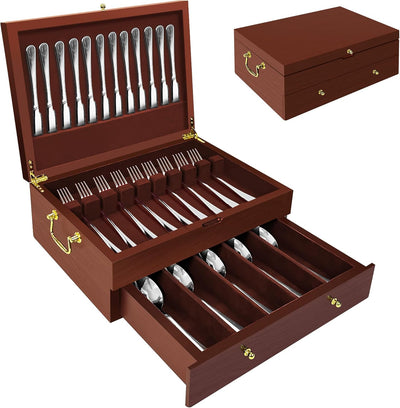 Caja cubiertos madera maciza con tapa asa y forro fieltro