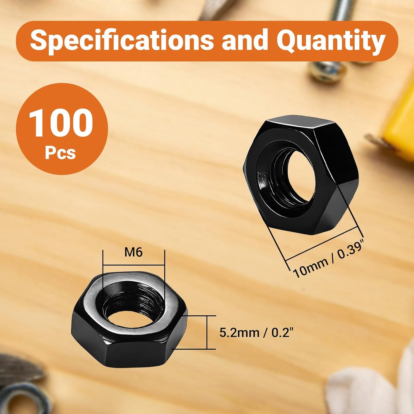 100 Tuercas Hex M6 Grado 8.8 Acero Carbono Negro