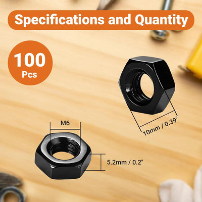 100 Tuercas Hex M6 Grado 8.8 Acero Carbono Negro