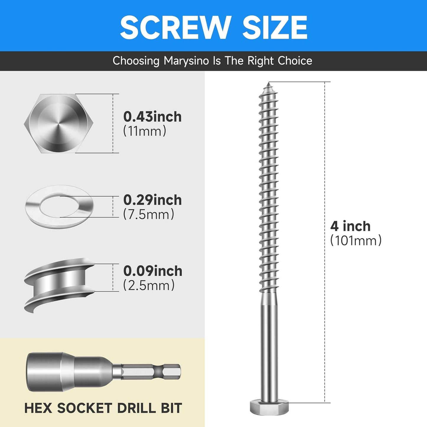 Tornillos acero inox 1/4x4 para madera con cabeza hexagonal