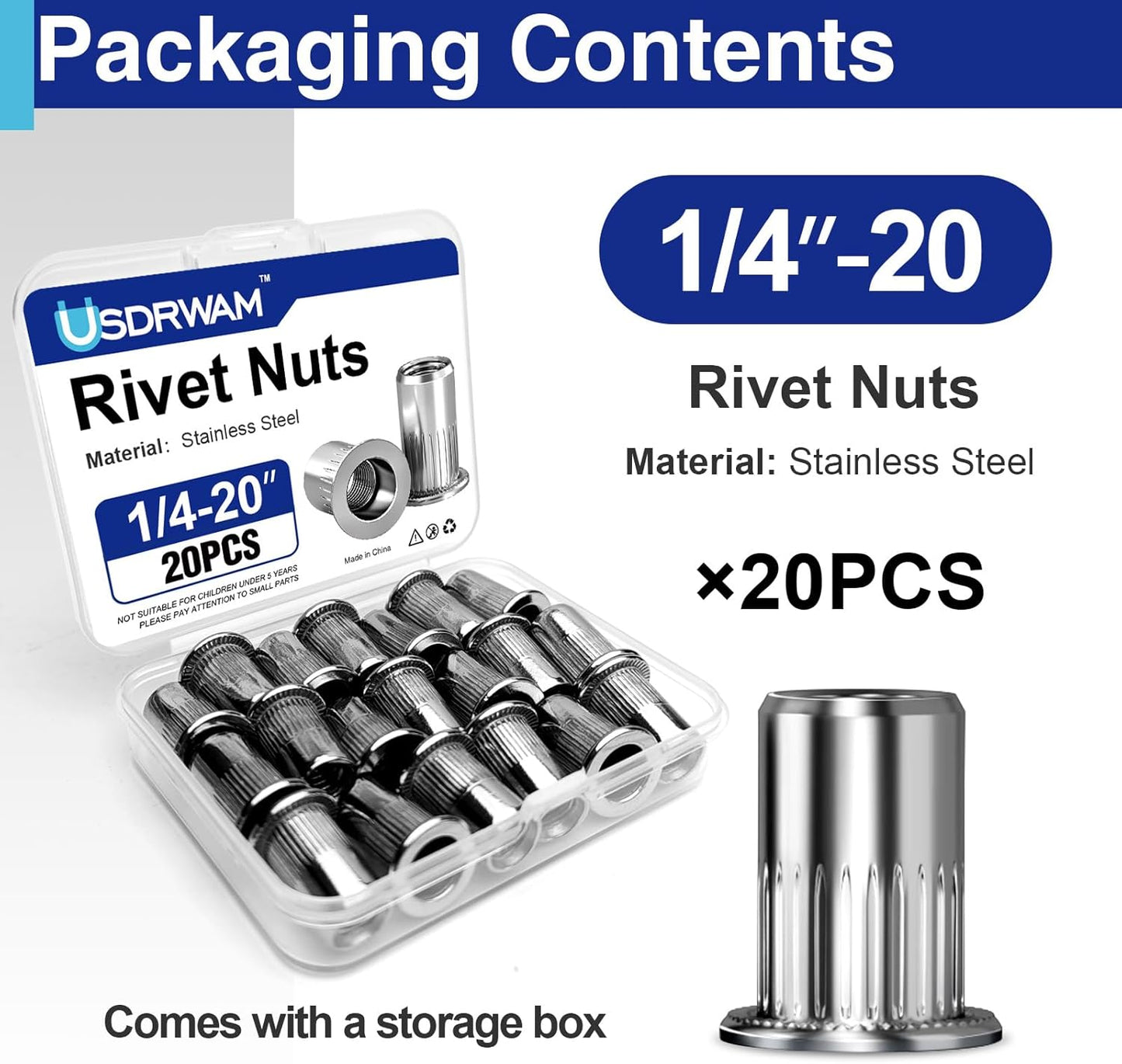 Tuercas remache acero inox 1/4-20 UNC 20 pzas