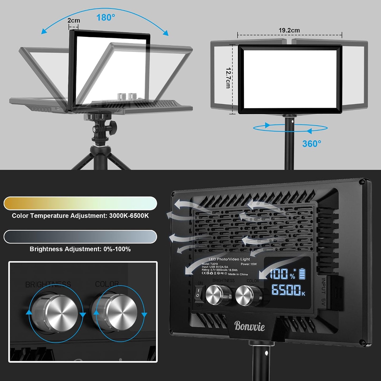 Luz LED recargable 15W para cámara con batería 5000mAh 3000-6500K