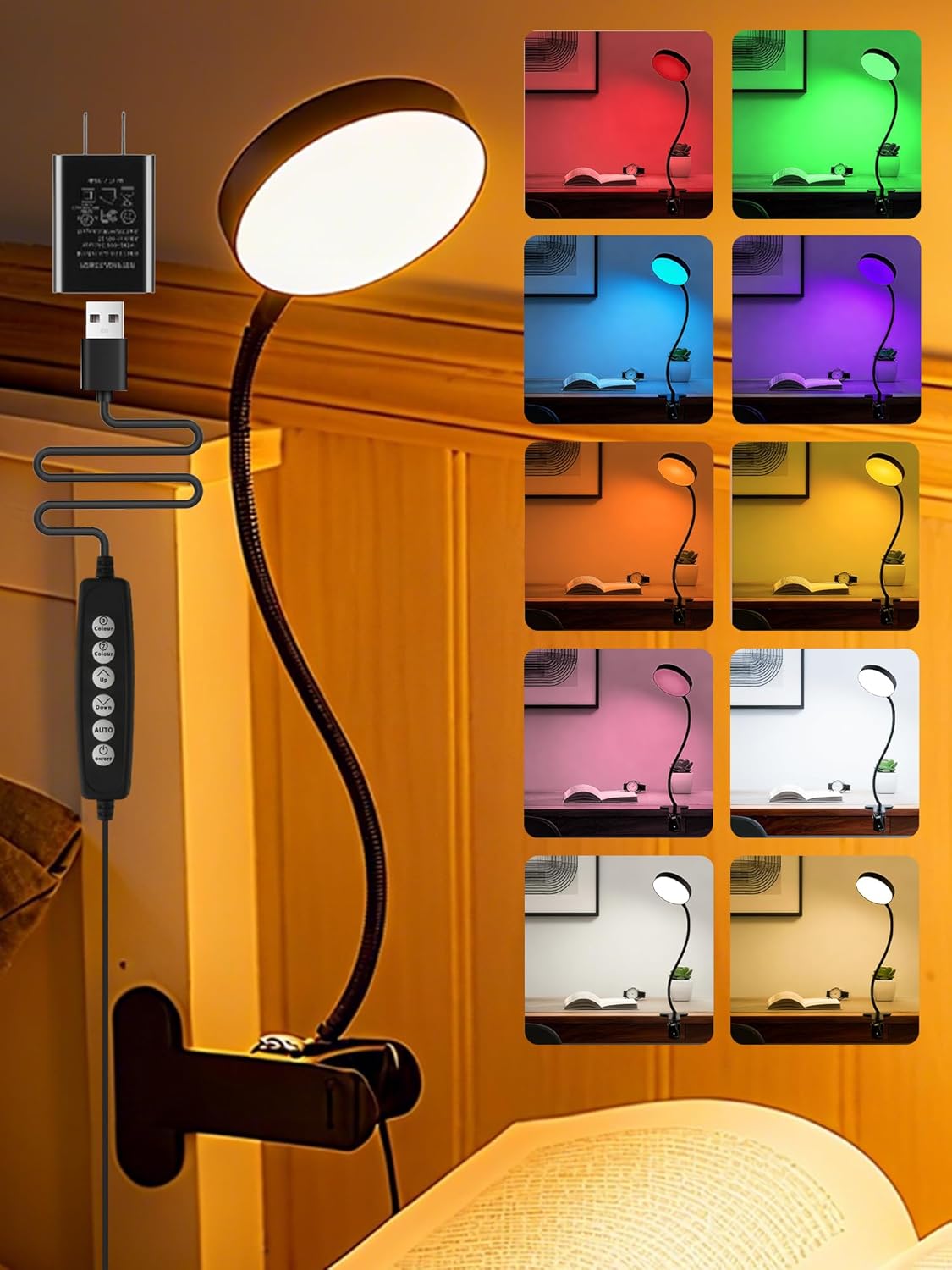 Luz de clip RGB 10 colores con 10 lámparas escritorio regulables