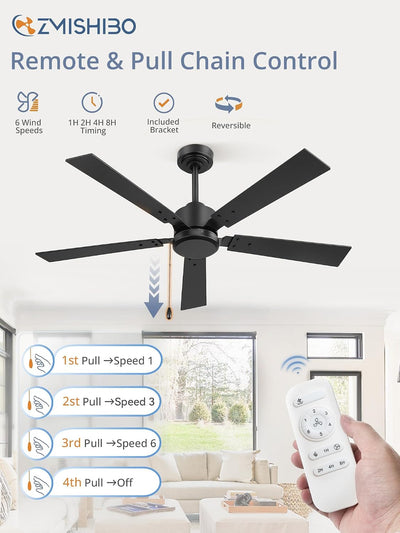 Ventilador techo 52pulg 6 vel motor CC silencioso control remoto negro