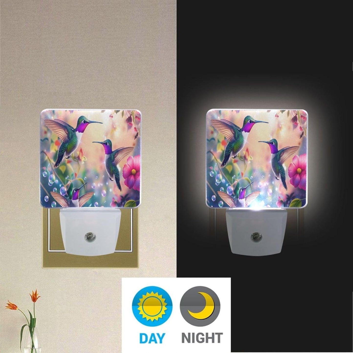 2 Luces Noche Colibríes Sensor LED Flores Ajustables Hogar