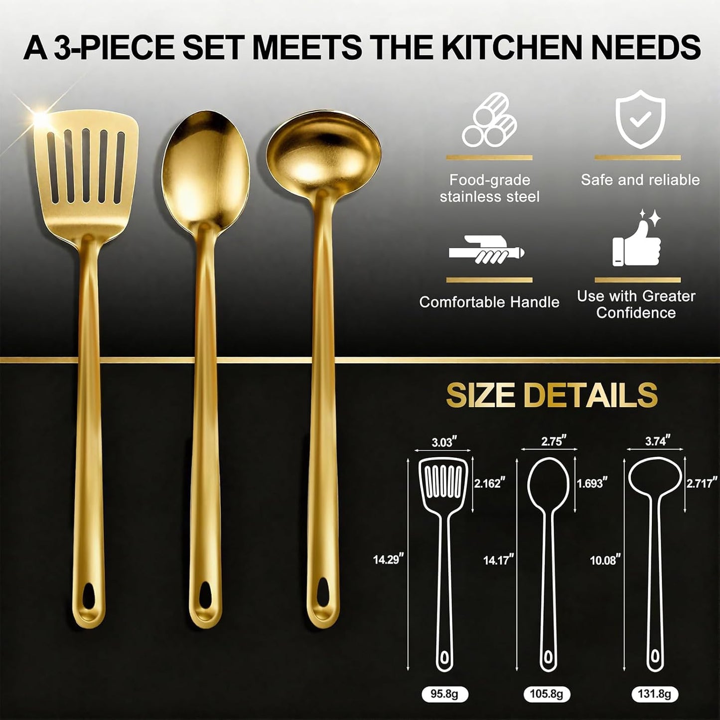 Juego de utensilios de cocina de acero inoxidable con chapado en oro
