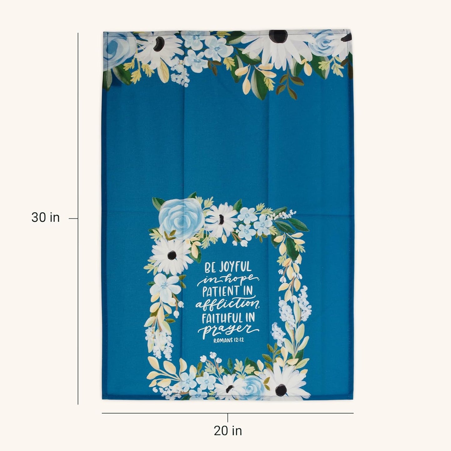 Toalla de té decorativa con versículo bíblico alentador Be Joyful, azul floral, 100% algodón