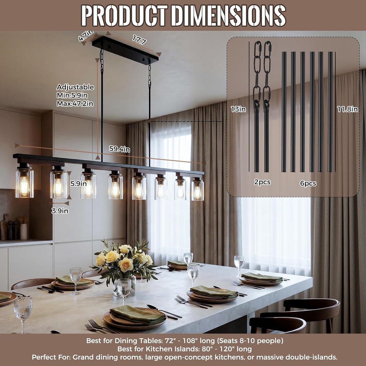 Iluminación isla cocina 8 luces lámpara lineal rústica 60pulg