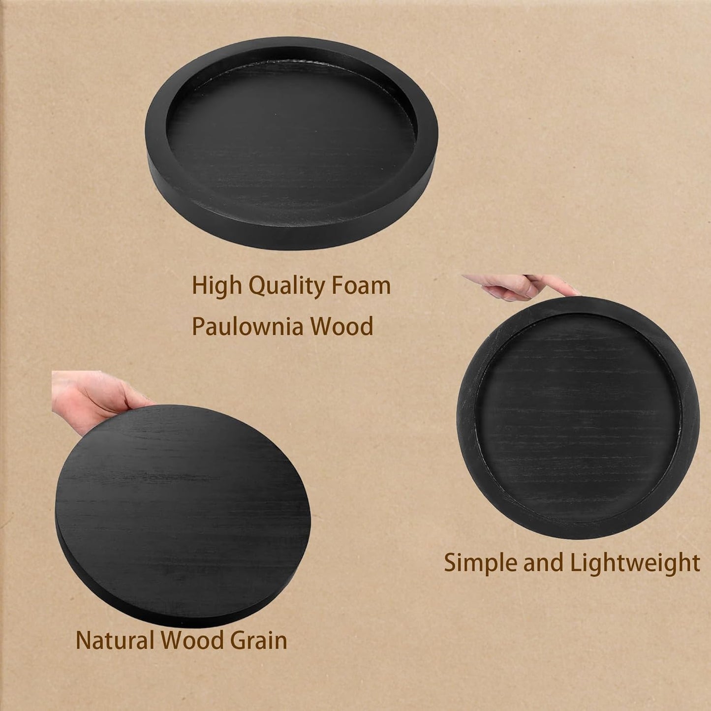 Bandeja redonda de madera negra para decoración del hogar