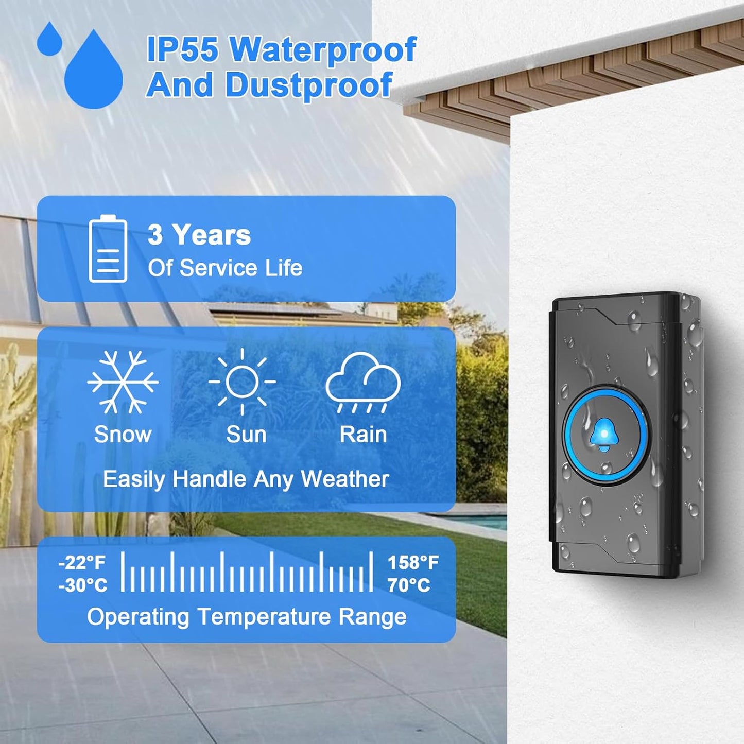 Timbre inalámbrico impermeable IP55 con 55 campanas y luz LED