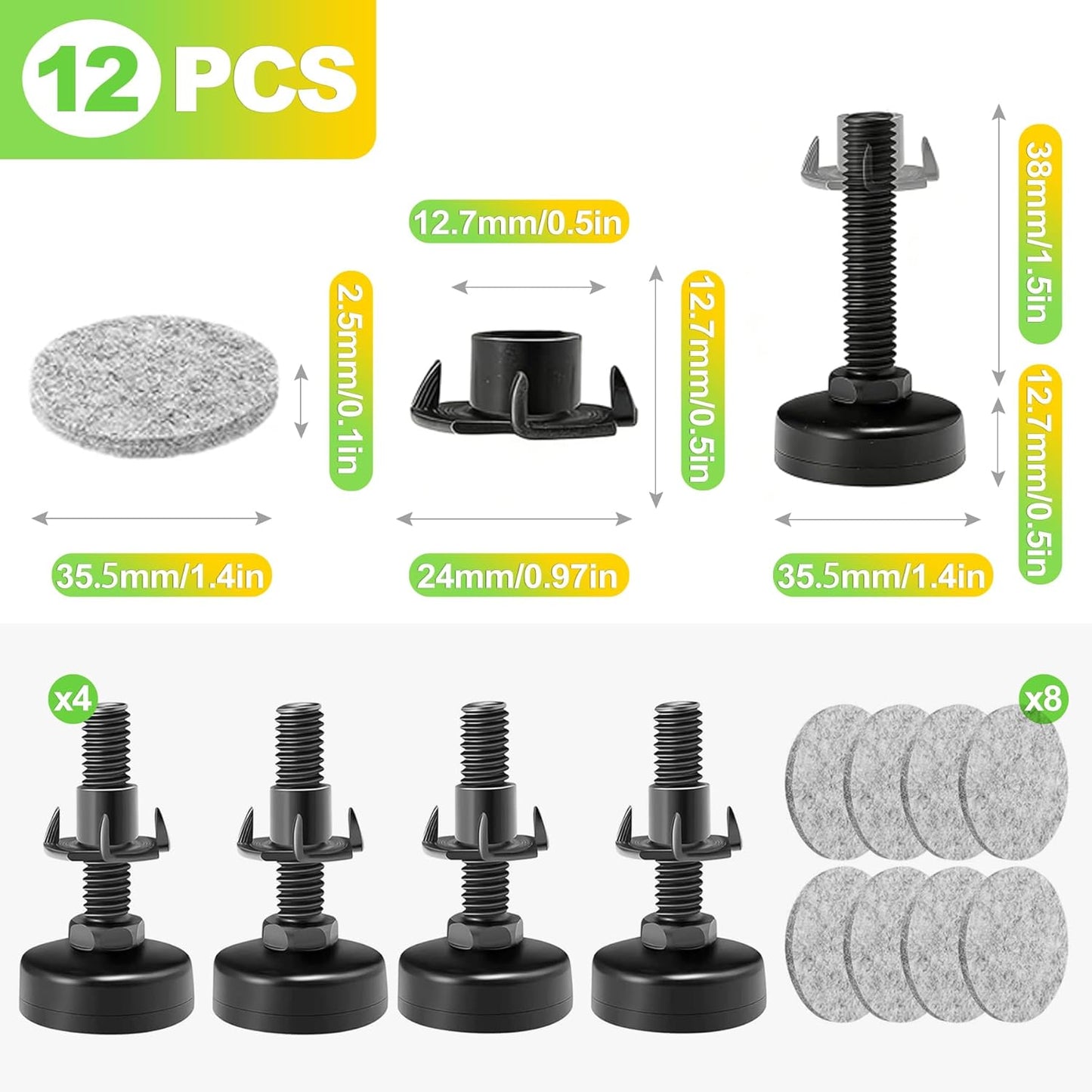 4 Niveladores Ajustables Muebles 3-16 Roscas Negro