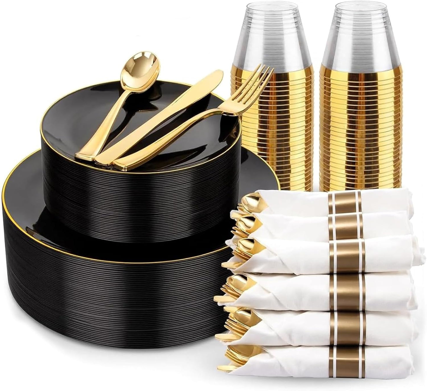Set 350 Pzas Platos Plástico Negro Oro para 50 Invitados