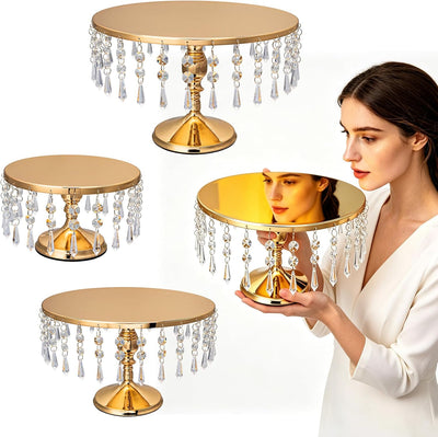 Juego de 3 soportes dorados para tartas con colgantes de cristal