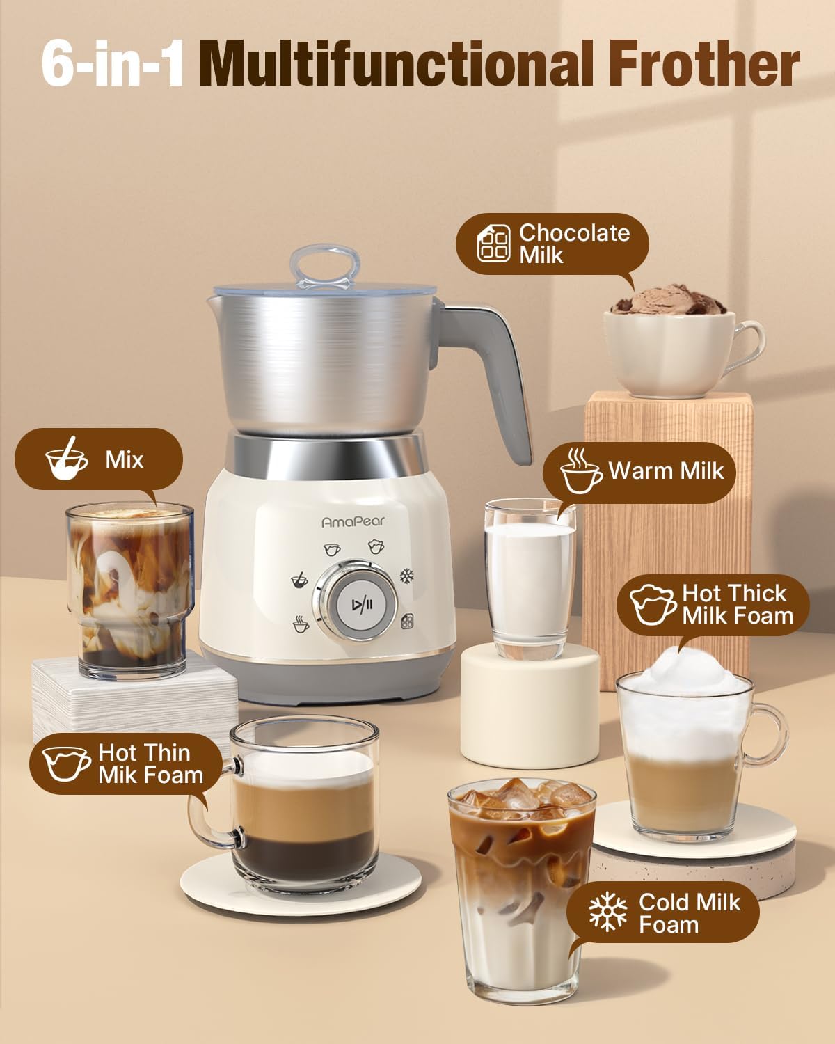 Espumador leche vaporizador 6en1 para café y chocolate