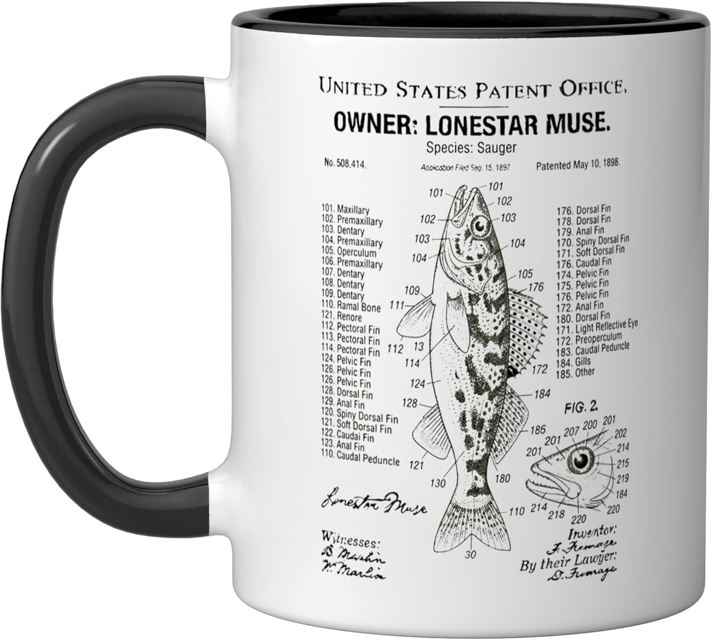 Taza cerámica Sauger Fishing Patent Diagram para Día del Padre negra/blanca