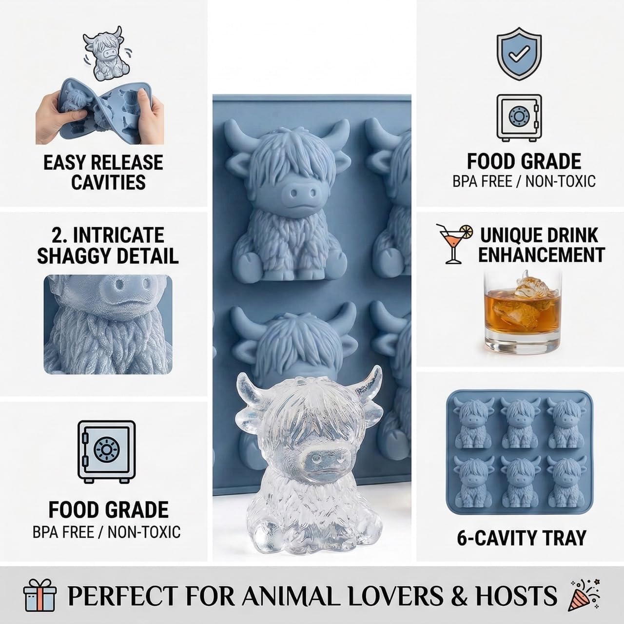 Bandeja molde cubitos hielo vaca 3D con accesorios para chocolate