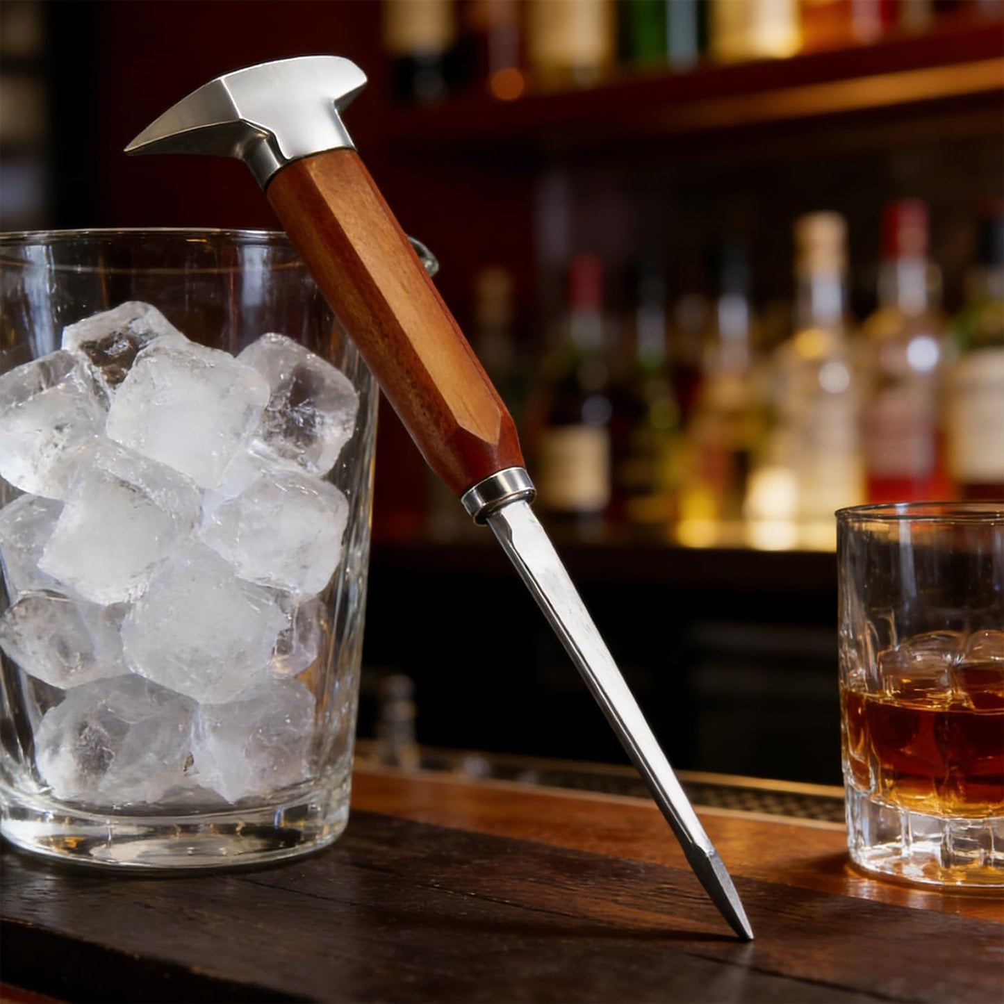 Palillo de hielo de acero inoxidable con mango de madera para cocina, bar y hogar