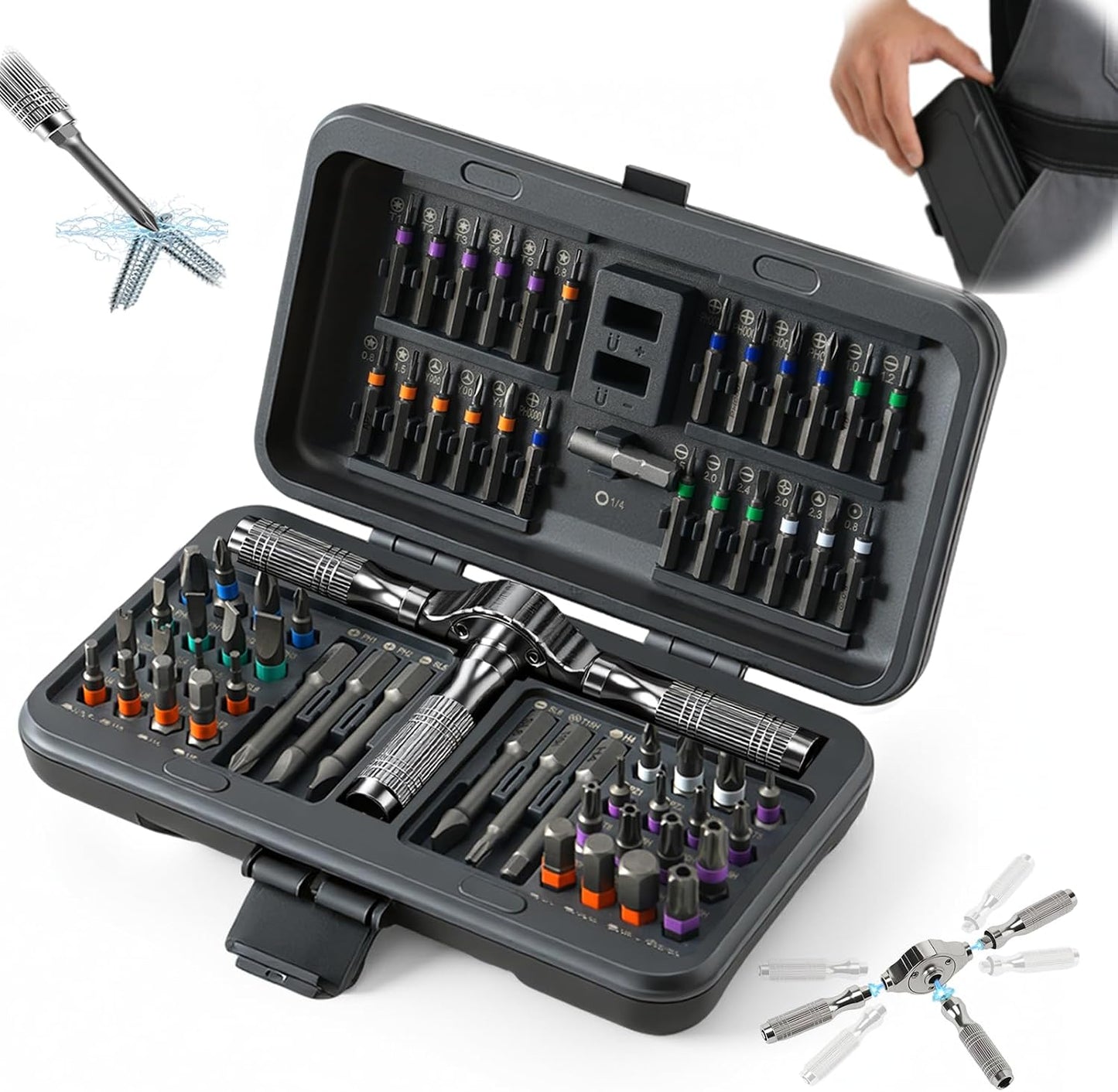 Set 66 Destornilladores Magnéticos Acero S2 Mango T Desmontable