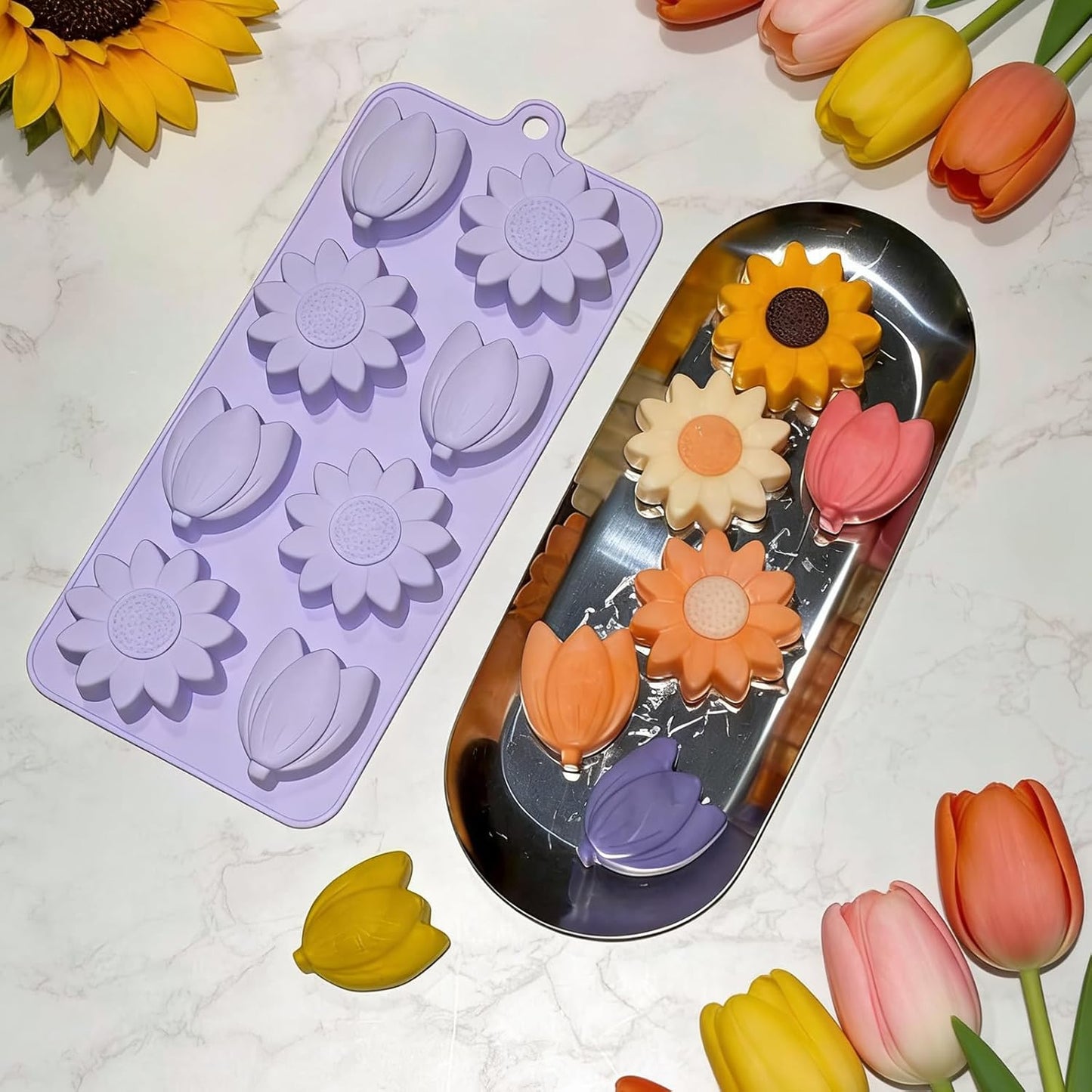 Moldes de silicona para cubos de hielo de flores y tulipán, paquete de 3