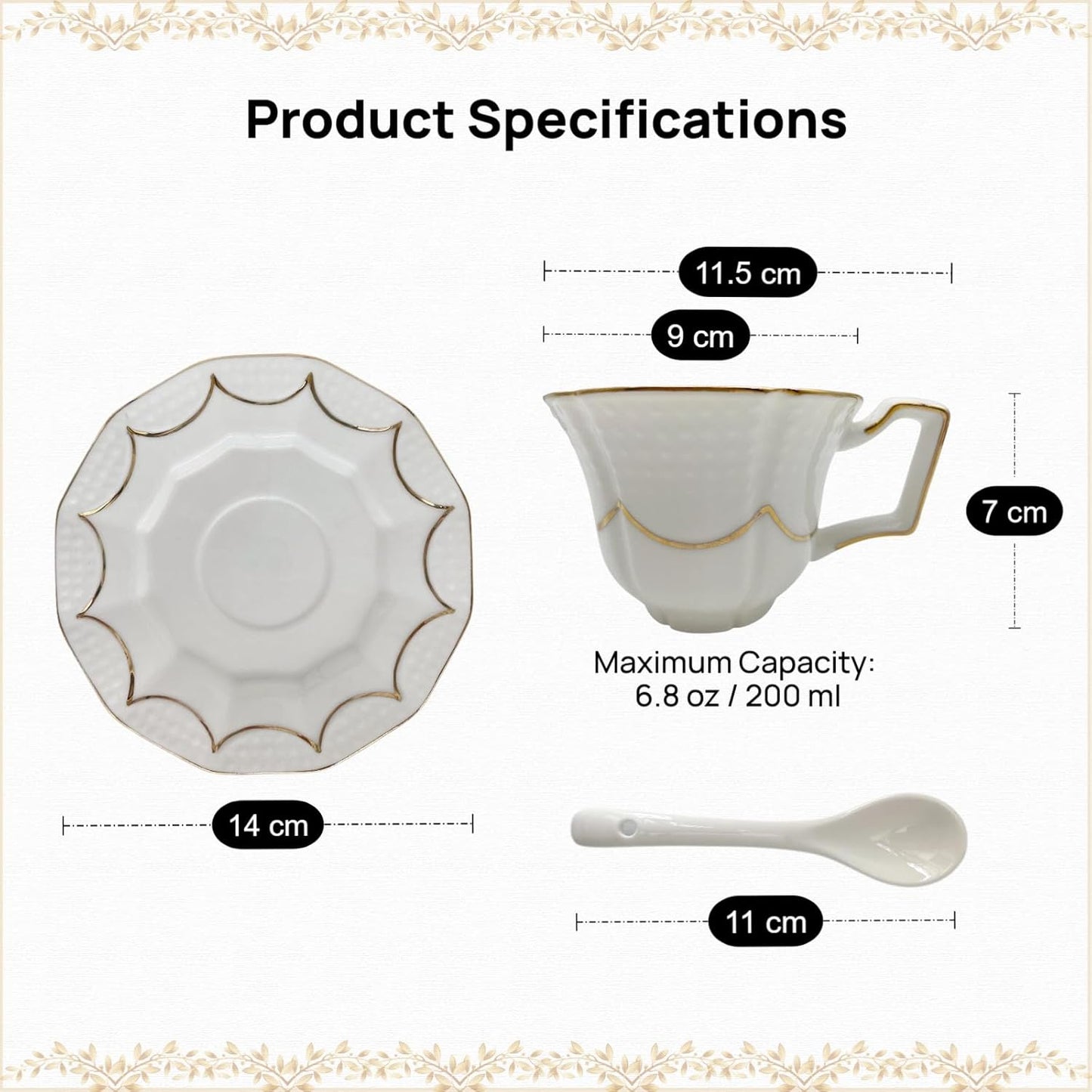 Juego de taza de té y platillo con cuchara, apto para lavavajillas