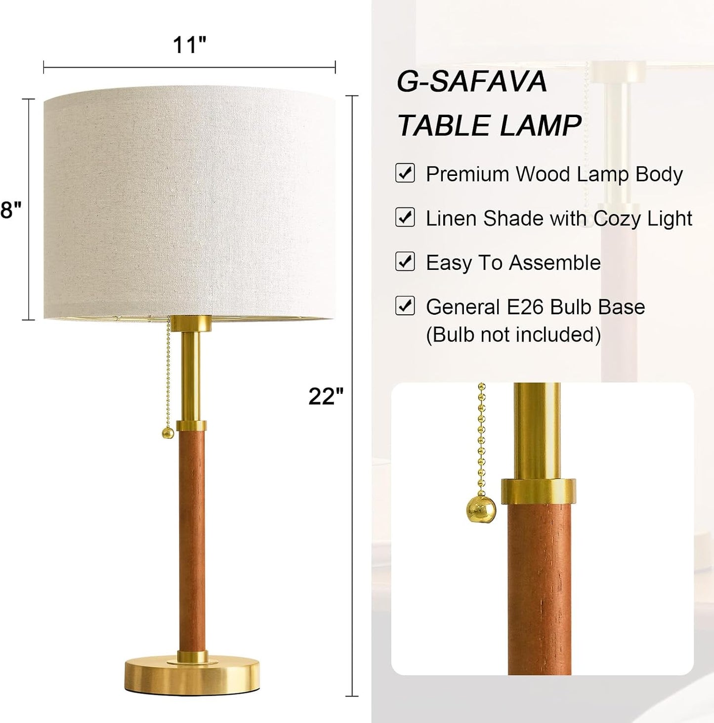 Lámpara mesa madera 22pulg moderna dorada dormitorio sala