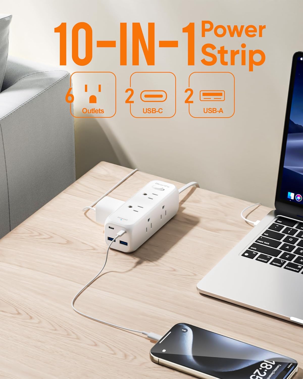 Regleta enchufe plano 6 salidas CA 4 USB protege sobretensiones