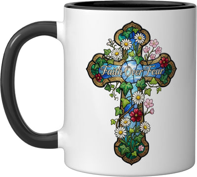 Taza cerámica cruz cristiana estilo vidrio pintado negro/blanco