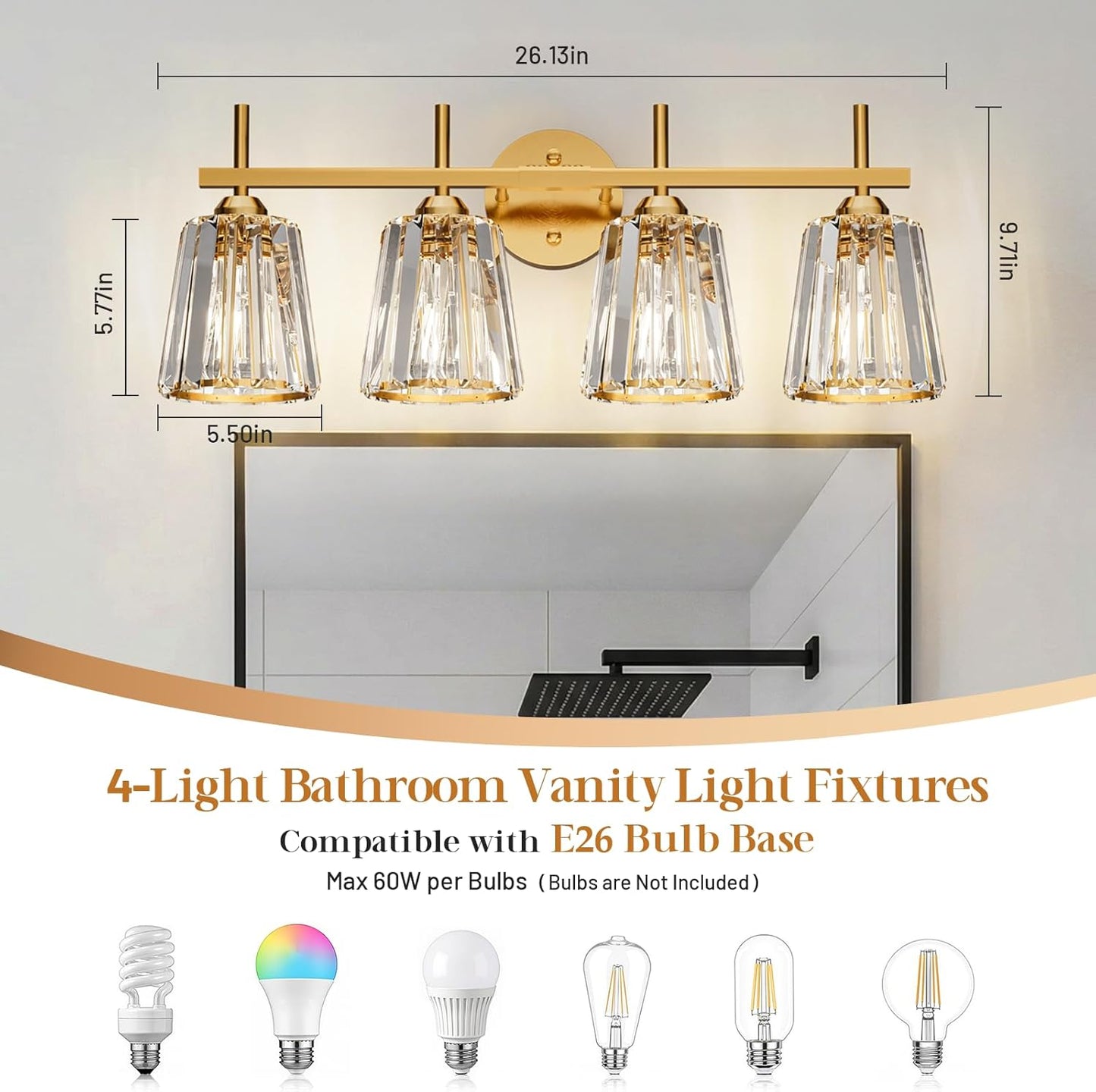 Lámpara baño cristal sobre espejo 4 luces doradas cerámica E26