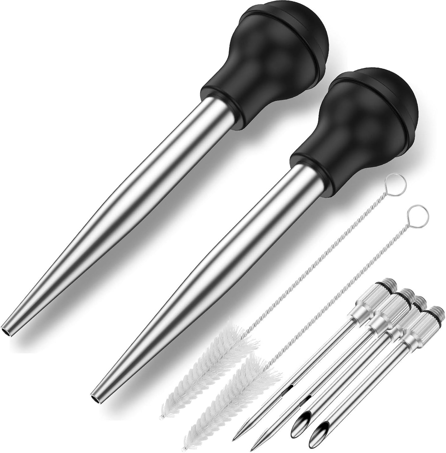 Pack 2 Jeringas Acero Inox 4 Agujas Cepillo Barbacoa