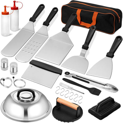 Set 25 accesorios parrilla profesional con espátulas y cubierta