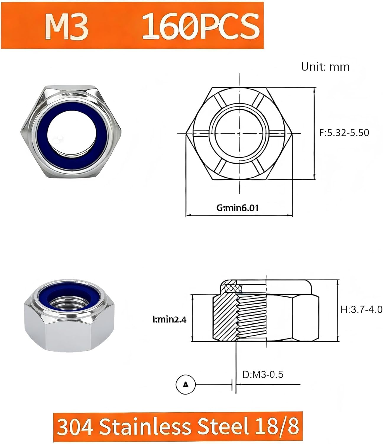 Tuercas Nylock M3 160 Pzas Acero Inox
