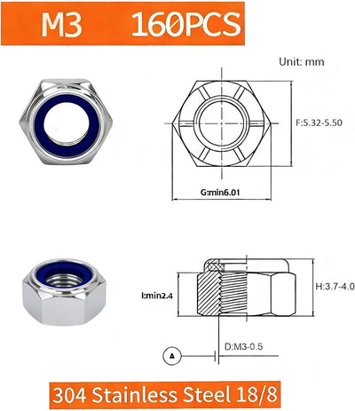 Tuercas Nylock M3 160 Pzas Acero Inox