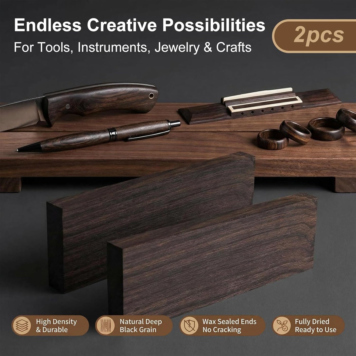2 Pzas Cuchillo Madera Ébano Negro Escalas Bricolaje