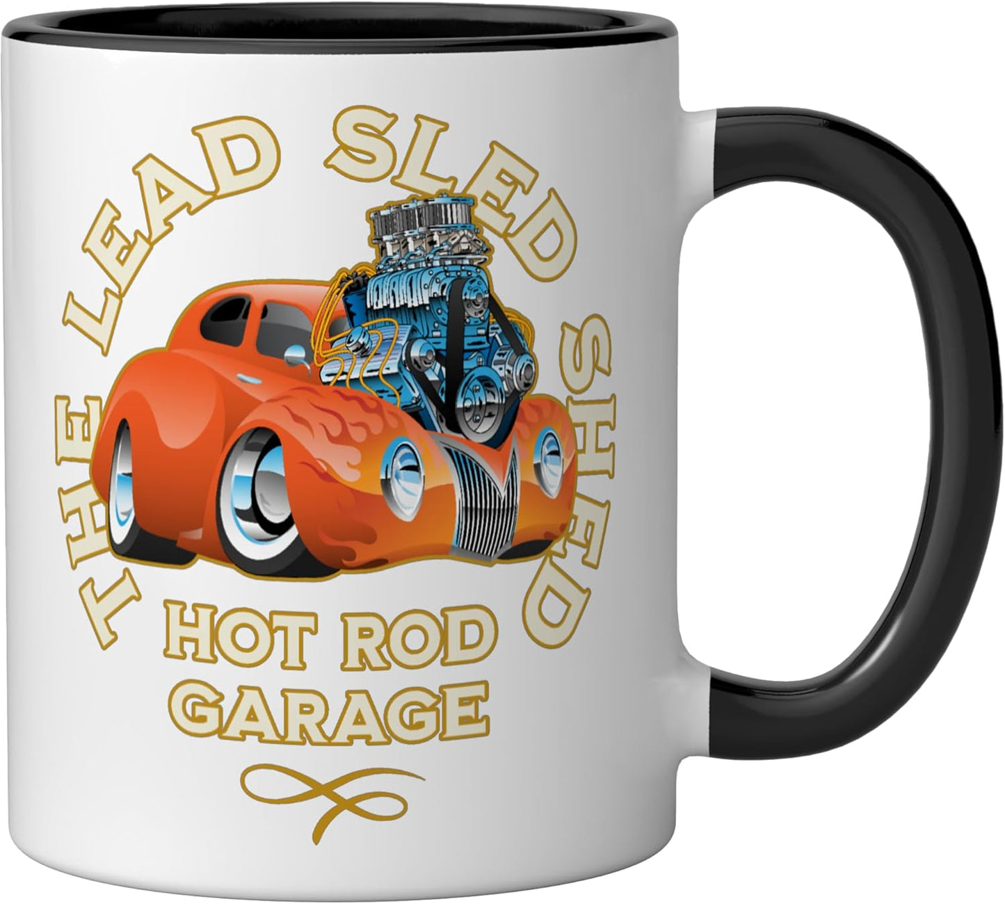 Taza cerámica The Lead Sled Shed Vintage Car Hotrod Garage Cartoon diseño negro/blanco