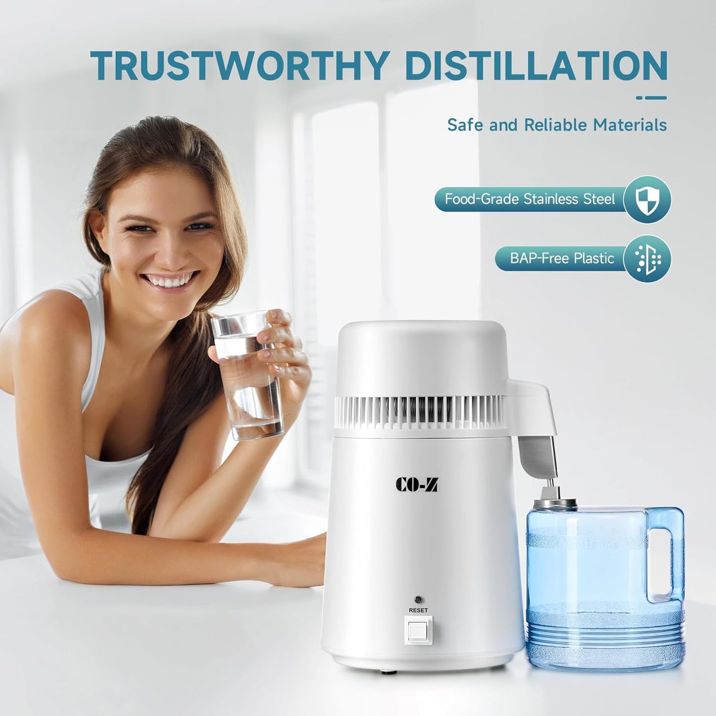 Destilador agua con jarra vidrio 4L y plástico 1.1gal