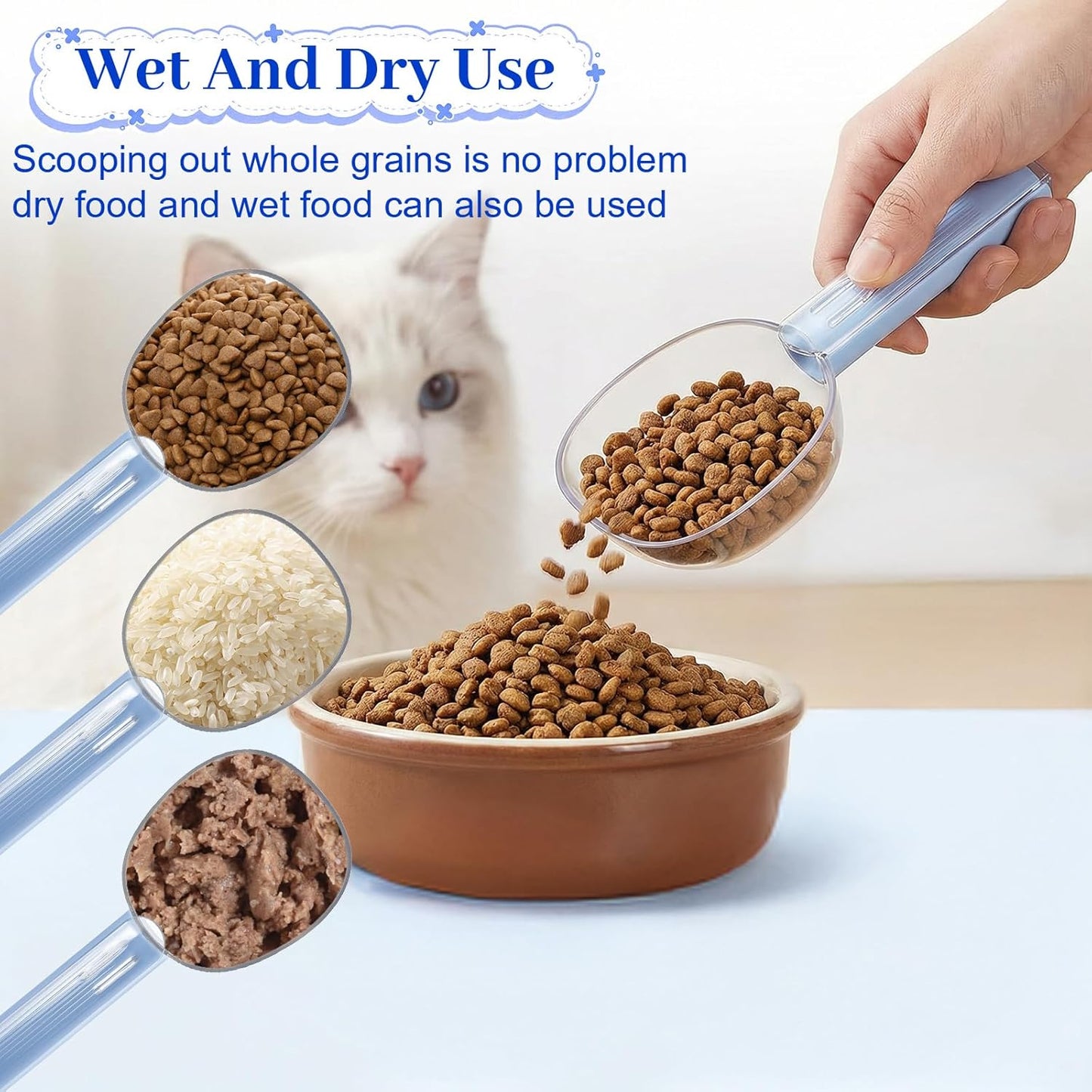 Taza medidora comida perros y cuchara para gatos con mango largo