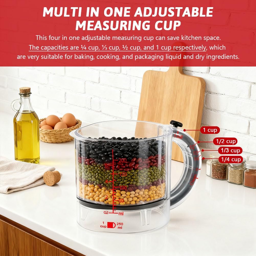 Taza medidora ajustable 4 en 1 para líquidos y secos con base raspadora