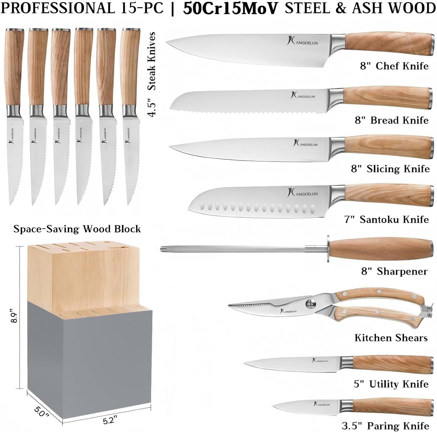 Set 15 Cuchillos Acero Inox con Bloque y Afilador de 8"