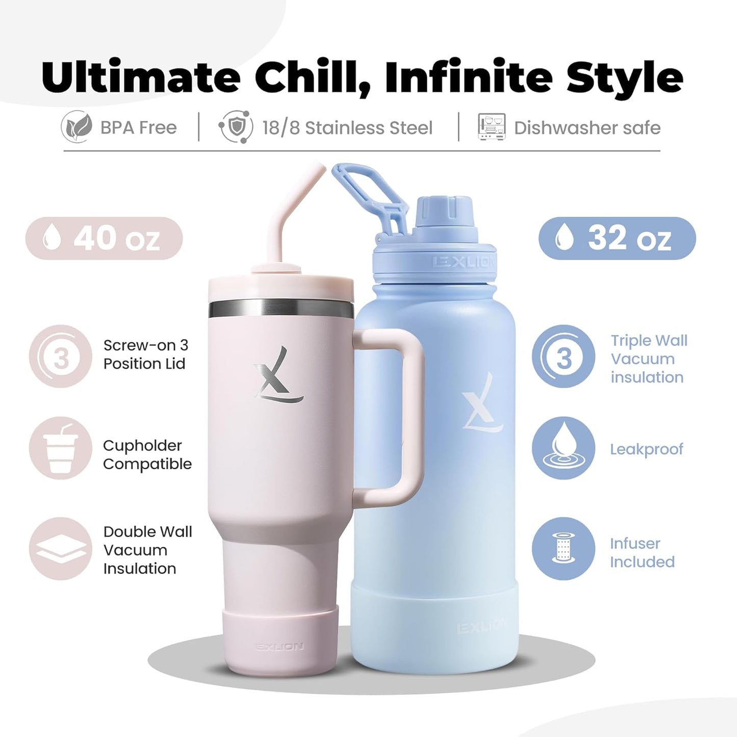 Botella agua infusor té 32oz vaso FlowOne 40oz acero inox