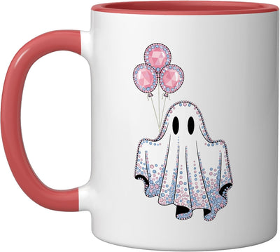 Taza Cerámica Fantasma Rosa Azul Rayas Halloween Rojo Blanco