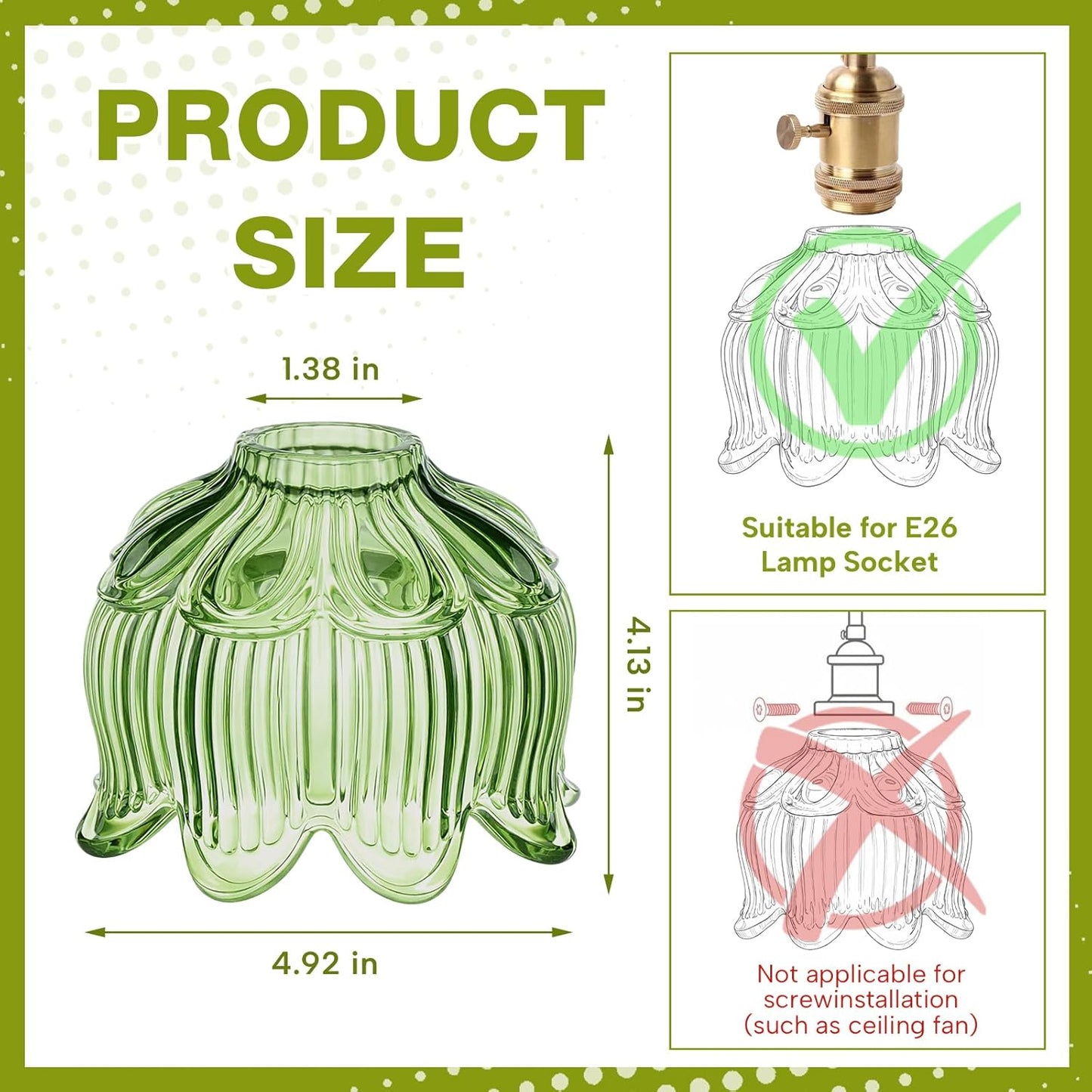 2 Pantallas Lámpara Cristal Flor Verde Base E26 Mini Repuesto