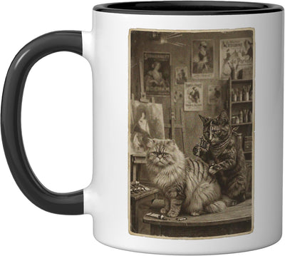 Taza cerámica vintage estilo victoriano gato tatuaje sepia negra/blanca