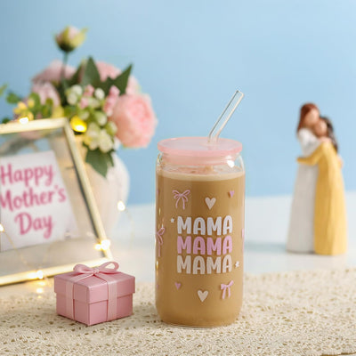 Taza vidrio 16oz con tapa y popote para mamá